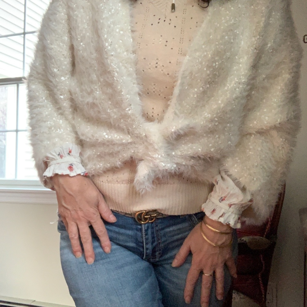 Super Chic Ivory Shag Knit Catherine Malandrino Sweater Cardigan